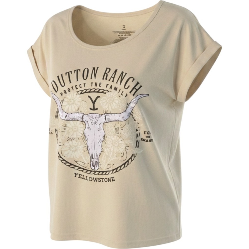Yellowstone Dutton Ranch Graphic Tee Tan Womens 0X 14W Longhorn Skull Western